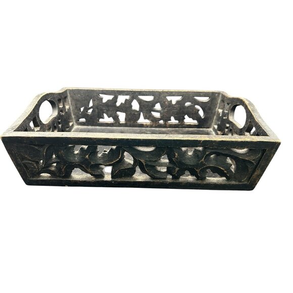 Black Carved Weathered Wood Box Tray Open work Handles Leaves Vine 12 x 8 x 3" - Picture 2 of 11